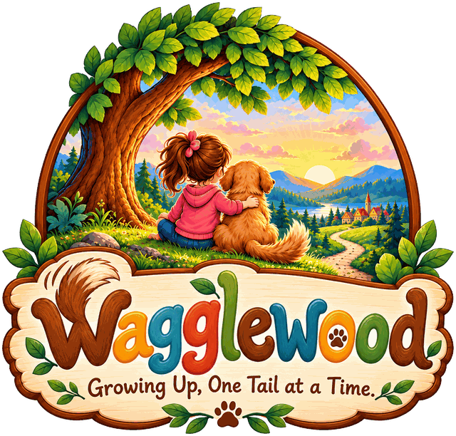 Wagglewood logo: Growing Up, One Tail at a Time. A girl and her golden dog rest under a big tree at sunset.