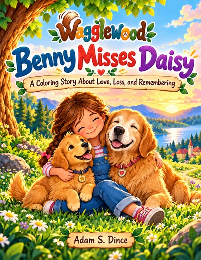Front cover of Benny Misses Daisy: A Coloring Story About Love, Loss, and Remembering. A smiling girl hugs two golden dogs, Benny and Daisy, in a sunny meadow under a big tree.